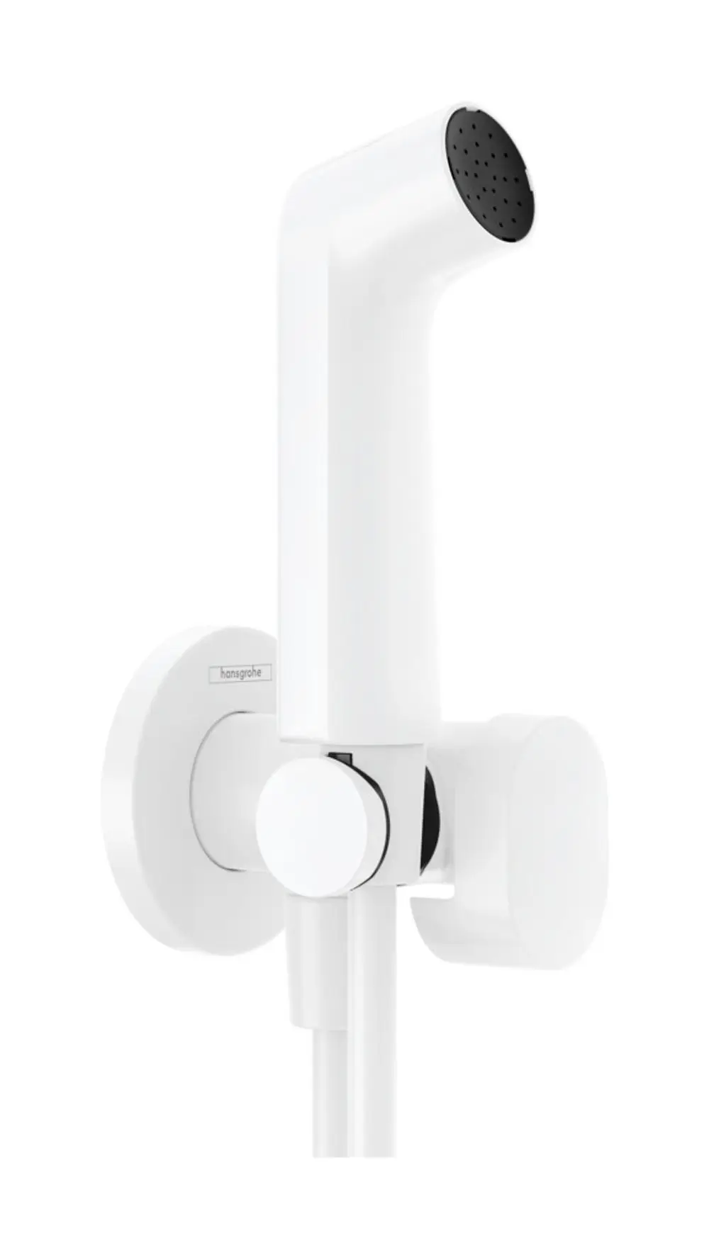 Weiße Handbrause mit runder Düse und Halterung, montiert an der Wand. Ausgestattet mit einem Brauseschlauch und einem Bedienrad. Marke: Hansgrohe.